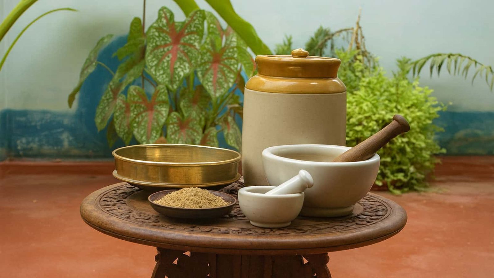 Traditionelle Ayurveda-Utensilien mit Mörser, Ölgefäßen und Kräuterpulver auf einem geschnitzten Holztisch